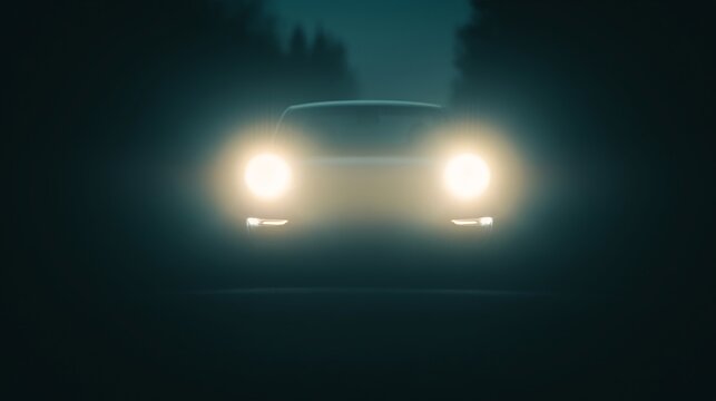 Intense car headlights illuminating dark road nighttime scene automotive photography dramatic viewpoint