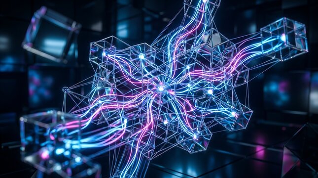 Neonlit wireframe structure with pink and blue glowing lines and cubes in dark space