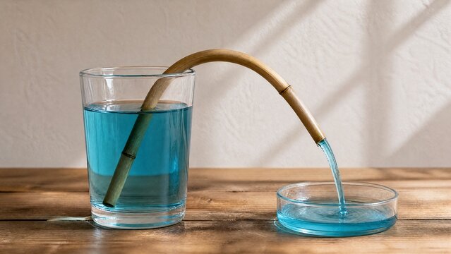 siphon. Hollow reed demonstrating siphon principle with water flowing through. STEM education sheets, lab safety posters, designed for STEM education and laboratory safety posters.