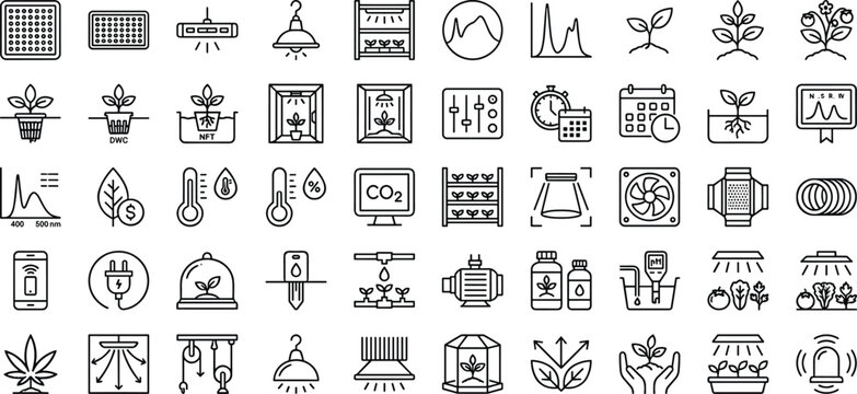 Smart Agriculture and Greenhouse Technology Icon Set Featuring Environmental Monitoring Automation Sustainability and Modern Farming Systems