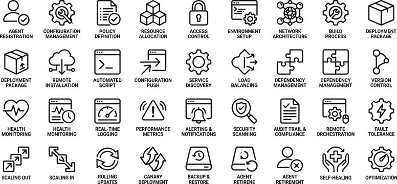 Microservices Deployment and Configuration Management Icon Set Featuring Automation Monitoring Security Resilience and Cloud Infrastructure