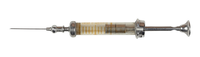 Close-up shot of an antique glass syringe with needle against a pure white background.  © beachfront