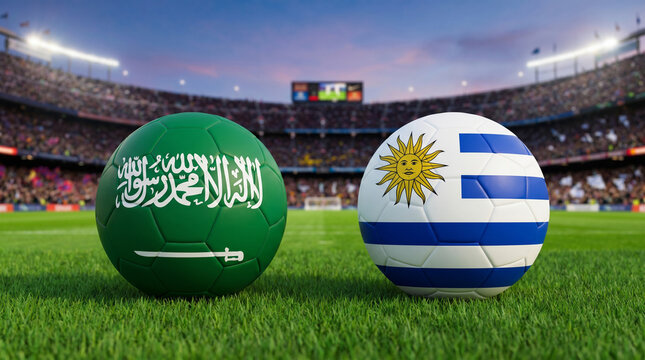 Saudi Arabia vs Uruguay Soccer Balls on a Football Pitch with Stadium Crowd at Dusk