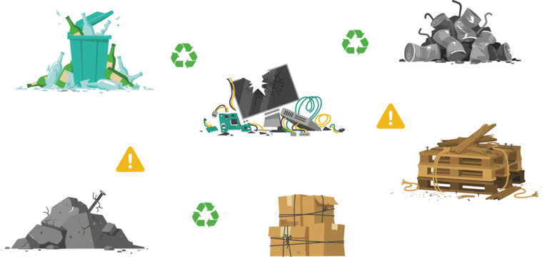 Waste Management and Recycling Infographic Vector Set Showing Glass Bottle Disposal, E-Waste, Cardboard Boxes, Scrap Metal, Wood Pallets, and Construction Rubble Piles