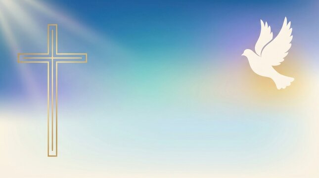 Christian cross symbol and a flying white dove against a radiant blue and golden sky background.