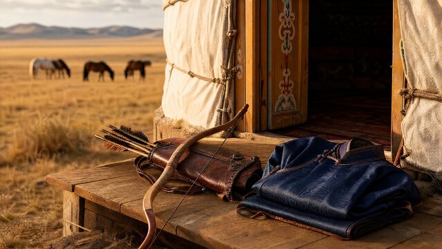 recurve. Mongolian recurve bow and quiver on ger doorstep with silk deel, nomadic steppe heritage. event programs, museum guides, designed for cultural heritage projects and event programs.