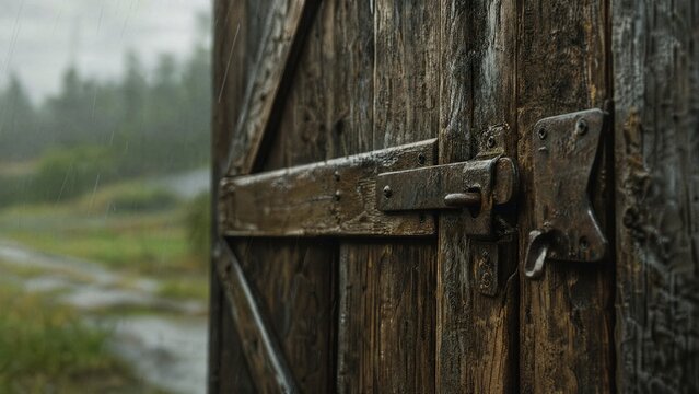 hasp. Weathered barn door with a heavy metal hasp swaying in a rainy atmosphere. real-estate listings, architecture portfolios, designed for architectural facade and classical detail presentations.