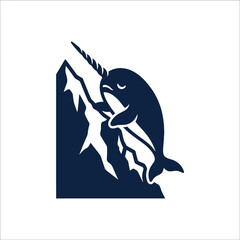 Narwhal swimming beside iceberg or mountain logo. © Lucianatakahashi