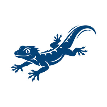 Stylized blue gecko lizard crawling logo icon.