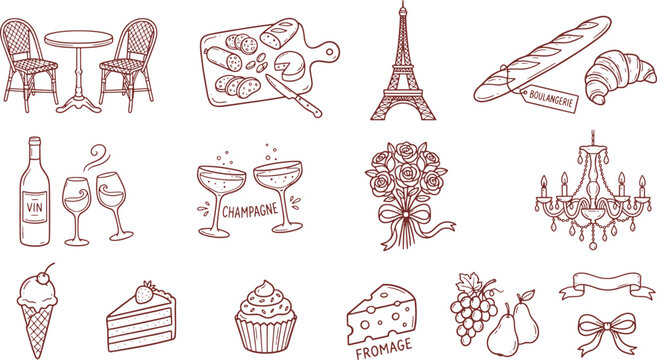 Hand drawn parisian lifestyle elements and food icons collection with lifestyle illustration landmark romantic celebration chandelier collection vacation culinary artistic traveling