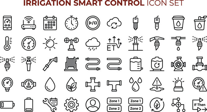 Smart Irrigation Control Icon Set Featuring Water Management Automation Monitoring Sensors and Precision Agriculture Systems
