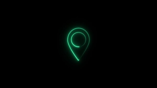 Abstract location glowing neon icon fast tracking map pin icon animation, Animated of neon location icon tracking concept on black background.