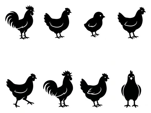 Black silhouette chicken set featuring rooster hen and chick farm icons