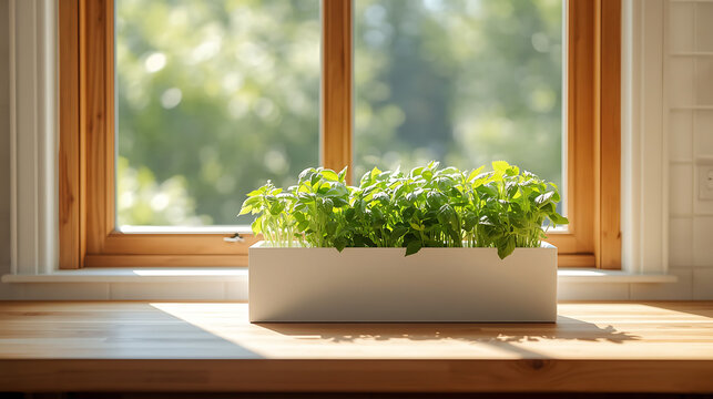 This minimalist white Tregren Herbie indoor planter sits on a wooden windowsill filled with fresh green herbs