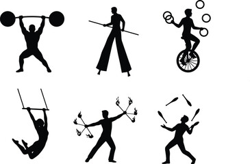 Set of circus performer silhouettes featuring strongman, stilt walker, unicycle juggler, trapeze artist, fire dancer, and club juggler on a white background. © MstMinara