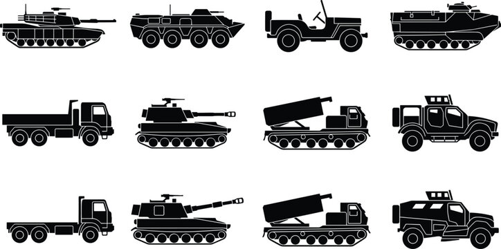 Collection of military vehicle black silhouettes including combat tanks armored personnel carriers rocket launchers trucks and tactical jeeps