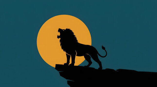 Roaring lion silhouette on a cliff at night, majestic male lion profile against a full moon, wild animal king standing on a rock ledge