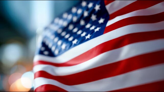 Close-up of American flag waving in soft light, patriotic symbol of freedom, national pride and United States identity