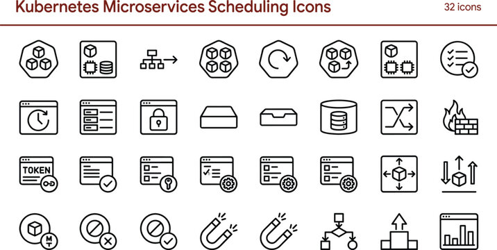 Kubernetes Microservices Scheduling Icons Set Featuring Container Orchestration Deployment Management Monitoring and Cloud Native Infrastructure Concepts