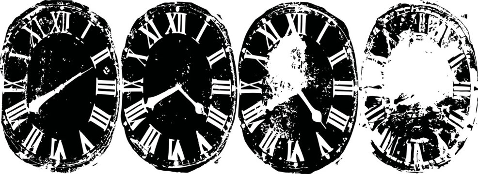 Faded vintage clock faces with roman numerals showing different weathered textures and damage