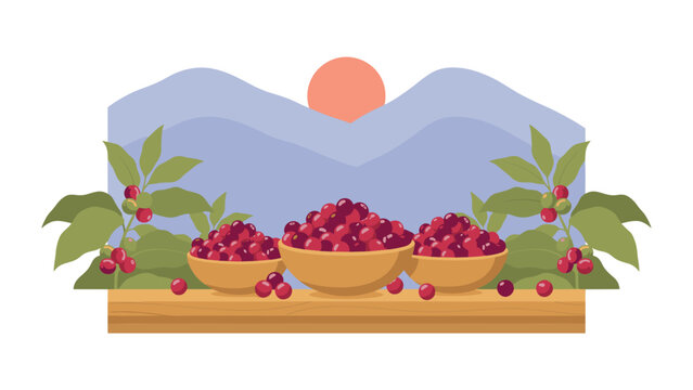 Fresh coffee beans in wooden bowls, surrounded by coffee plant branches on a wooden table with a scenic mountain background for a coffee concept.