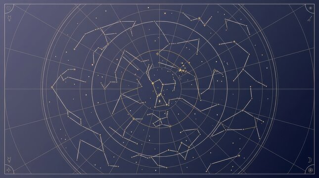 Celestial star map with constellation line on dark blue background banner