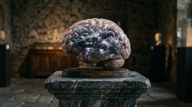 Conceptual human brain glowing with tiny lightning bolts and storm clouds