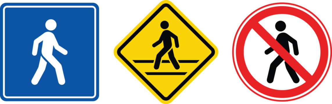 Pedestrian traffic road sign set featuring blue information walking path yellow crosswalk warning and red no entry prohibition symbol vector illustration