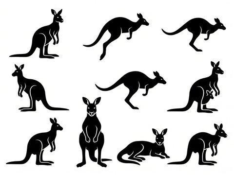 Collection of kangaroo silhouettes featuring jumping and resting poses