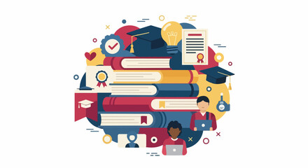 Fototapeta premium Higher Education and E-Learning Concept Illustration with Book Stack, Graduation Caps, Students with Laptops, and Diploma. Professional Academic Success Flat Vector Design.