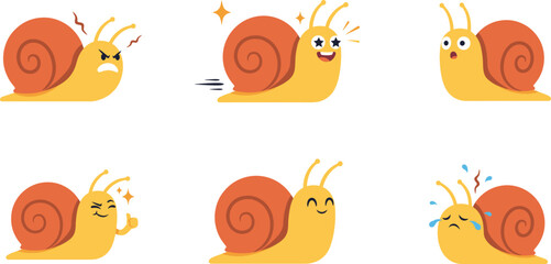 Cute Cartoon Snail Mascot Character Set with Different Facial Expressions and Emotions like Angry, Happy, Sad, and Surprised Vector Illustration © MstRabeya