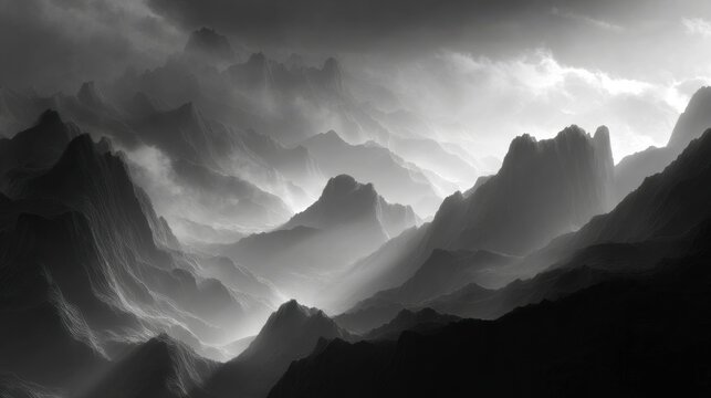 A dreamlike, high-contrast surreal landscape of jagged cliffs and mist-filled valleys unfolds in a self-contained, spherical-like space. Luminous ribbons of light weave through the scene, casting dra