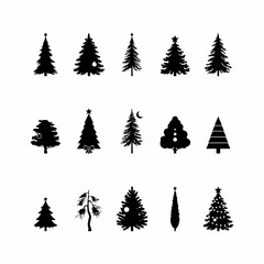 Obraz premium Black silhouettes of christmas trees with various ornaments and decorations on white background