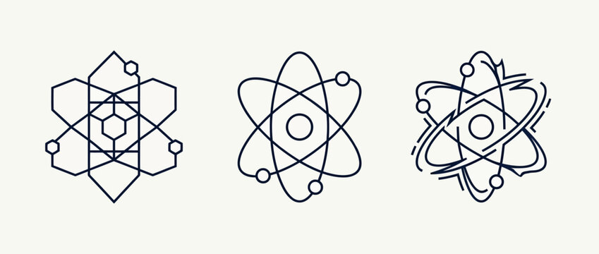 Minimalist line art icons representing atomic structure and scientific concepts