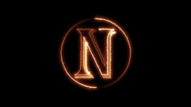 Golden n letter illuminated by fire effect inside a circle