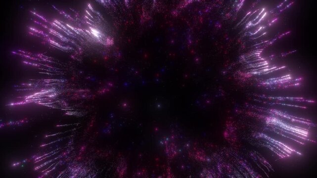 Purple Energy Burst with Glowing Particle Trails and Cosmic Light Rays on Black Abstract Background Animation in 4K 60 FPS