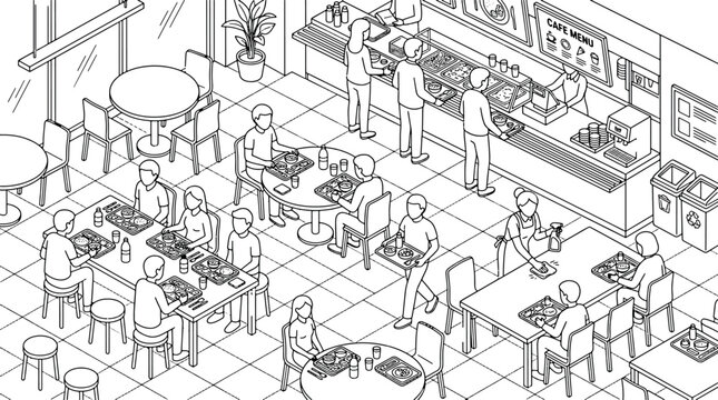 Isometric cafe restaurant interior outline sketch layout with restaurant interior isometric customer architecture illustration furniture commercial hospitality floorplan business