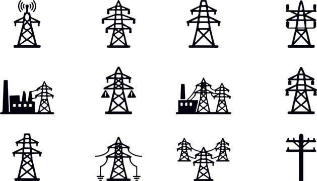 Power tower pylon icon set with black silhouette electricity transmission symbols for energy designs