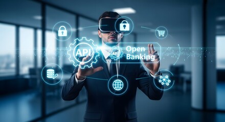 Fototapeta premium Businessman using virtual reality headset for open banking technology