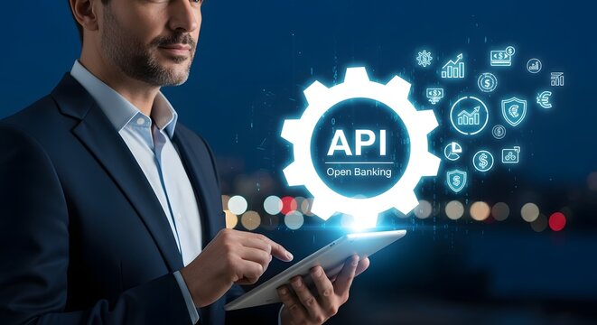 Businessman using tablet with api open banking graphic