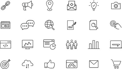 Fototapeta premium Digital marketing and website SEO optimization line icon set featuring business analytics communication and e-commerce symbols