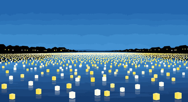 Floating lanterns illuminate the water surface, creating a serene and magical ambiance.