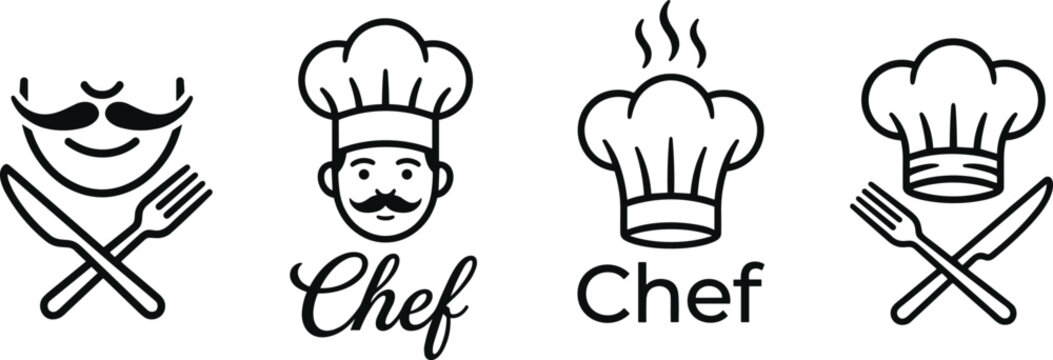 Chef icons collection, cooking logo design, culinary hat fork knife, restaurant branding vector, kitchen food illustration, gourmet symbol artwork
