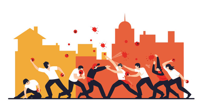 Angry mob of people protesting and throwing objects in a riot.