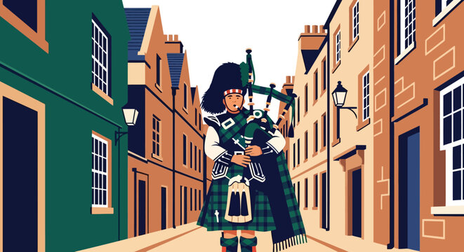 Bagpiper in traditional Scottish kilt playing bagpipes.