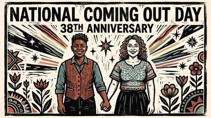 Obraz premium National Coming Out Day folk art portrait poster with paired portraits framed by hand drawn leaves and symbols