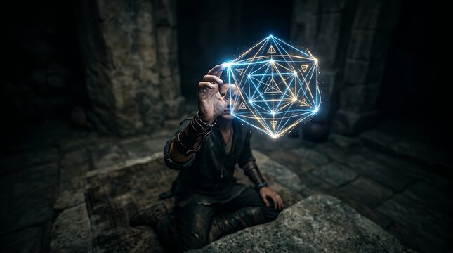 Mystic man manipulating glowing geometric hologram in dark stone chamber
