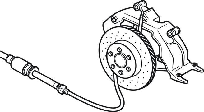 Automotive disc brake system schematic with caliper and brake line