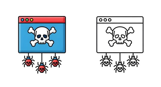 Cyber security threat icon with skull and spider