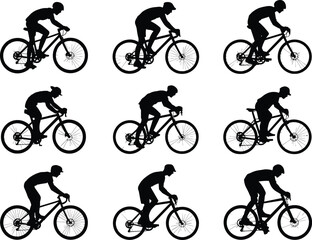 Obraz premium Cyclist silhouettes riding bicycles in varied postures, black figures showing cycling stances, sports fitness illustration for stock design